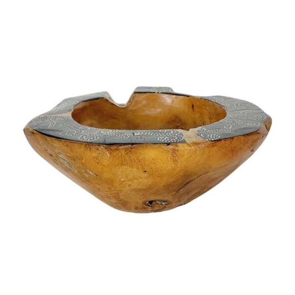 Vintage Natural Polished Teak Root Rustic Bowl Raw Chunky Painted Rim 11.5" - Picture 2 of 14